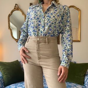 🇬🇧 60s 70s Vintage Flower Power 🌼Blouse Floral Button up Shirt Blue Green M/L